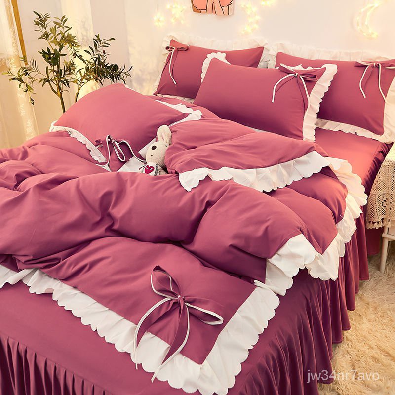 32Độ Phiên Bản Hàn Quốc Của Giường Bốn Bộ Drap Giường Màu Đỏ Chà Nhám Tờ Quilt Ba Giường Đôiins