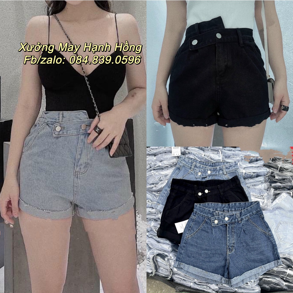 Quần short bò vạt lệch loại 1, Quần short jeans ngố bò 2 khuy ống rộng cá tính