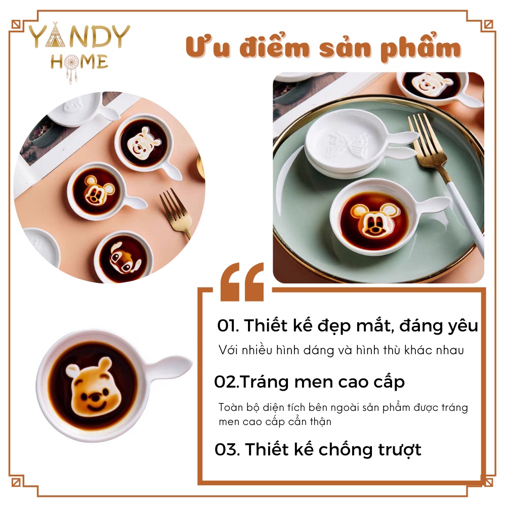 Đĩa nước chấm gốm sứ YANDY HOME D05 men bóng đẹp cute hình Pooh Micky Stich Sóc Thỏ