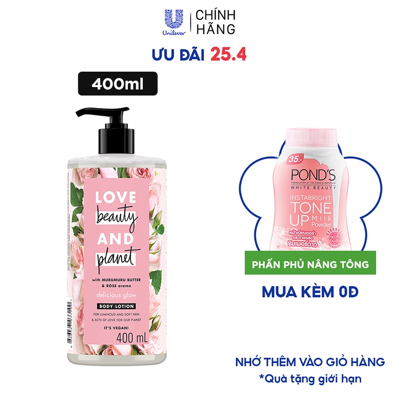 Sữa Dưỡng Thể Love Beauty &amp; Planet Delicious Glow 400ml Dưỡng Ẩm Toàn Thân Sáng Da 100% Tinh Dầu Hoa Hồng Bulgaria