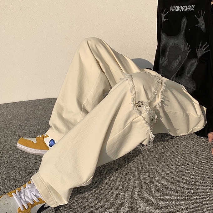 Quần jean ống suông Dáng Rộng Phối Dây Xích Phong Cách Hàn Quốc Cá Tính Cho Nam