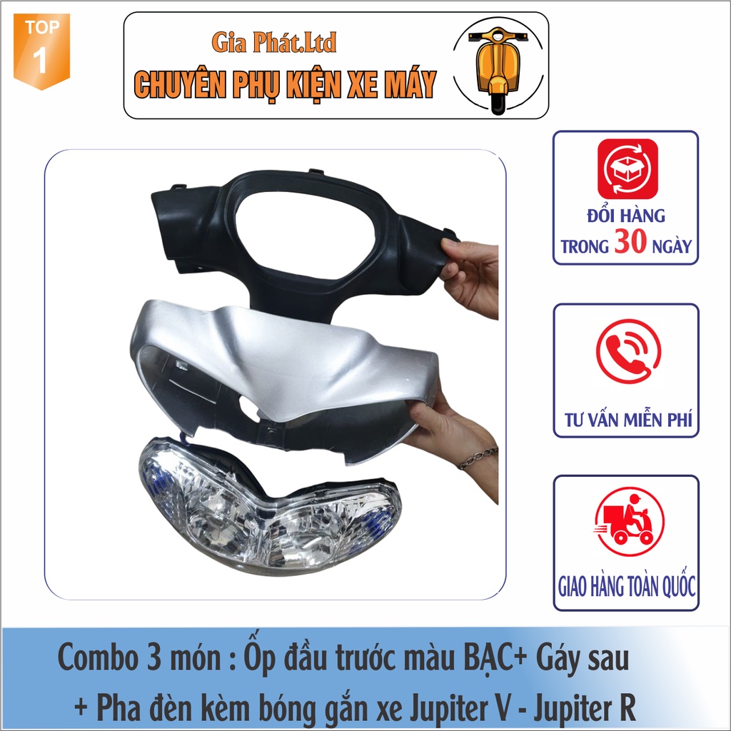Combo ốp đầu đèn xe JUPITER V, JUPITER R màu BẠC đầy đủ 3 món: ốp đầu, gáy đen và pha đèn kèm bóng