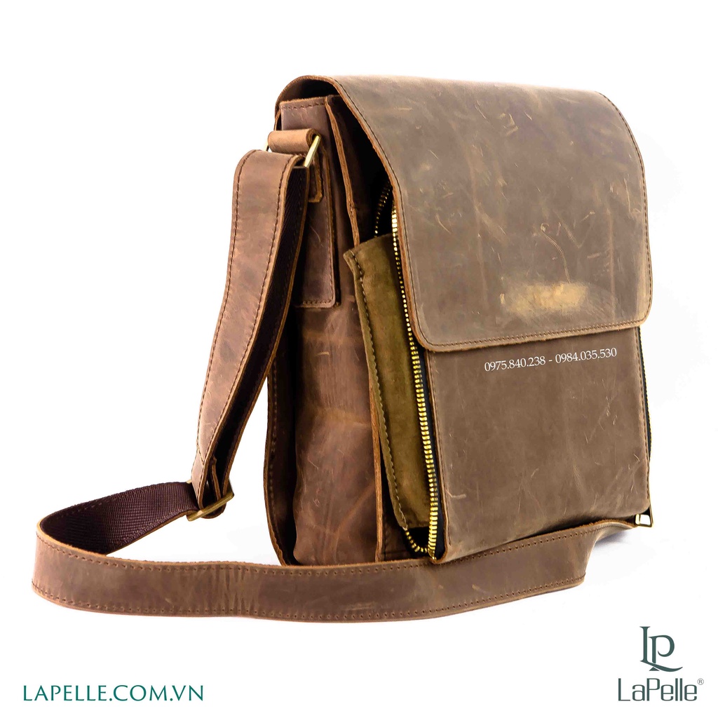 Túi đeo chéo  Nam da bò sáp cao cấp - La Pelle the Classic bag wax leather - màu nâu cà phê Bản 2020
