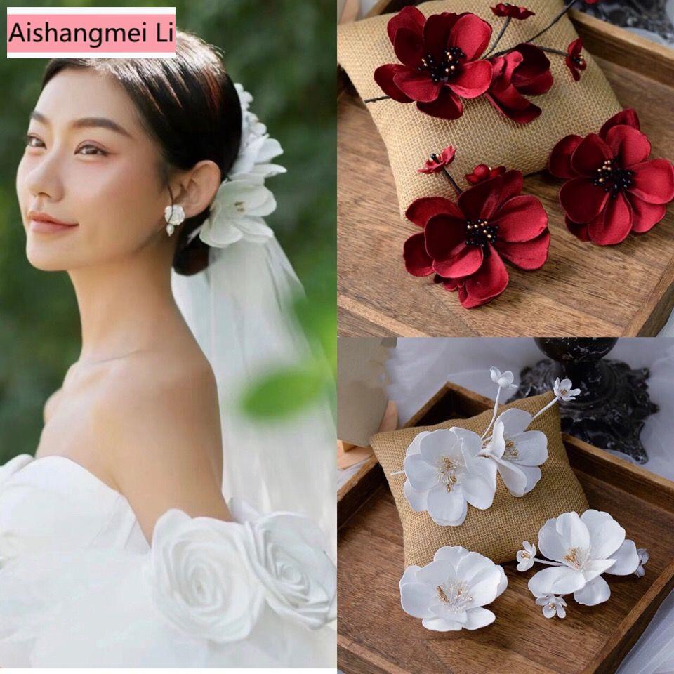 [Aishang Đẹp Mắt] Phụ Kiện Tóc Tết Hoa Đỏ Rượu Phụ Kiện Tóc Đuôi Ngựa Satin Cho Cô Dâu Ngày Cưới Cô Dâu