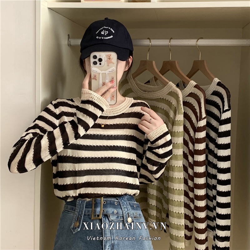 Xiaozhainv Áo Sweater Dệt Kim Tay Dài Dáng Rộng Họa Tiết Kẻ Sọc Phong Cách Hàn Quốc Thời Trang Mùa Thu Cho Nữ