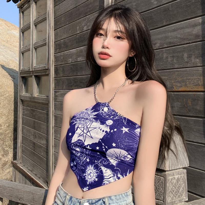 Áo croptop cổ yếm in họa tiết thời trang mùa hè cho nữ