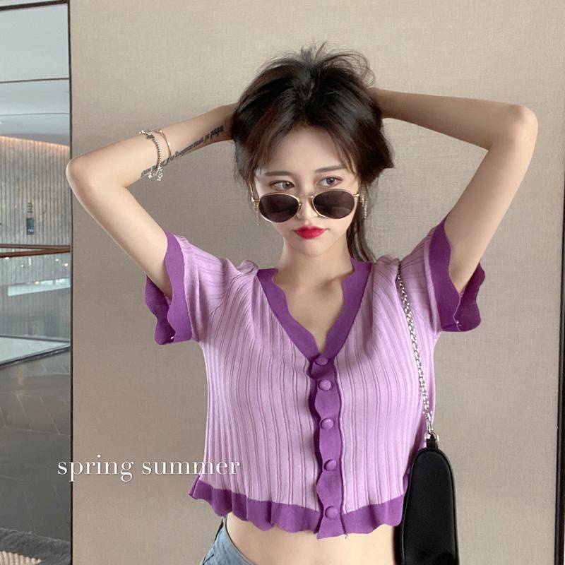 Summer 2021 new temperament short V-neck semantile loose knitting jacket female INS super fire net red short-sleeved small shirt