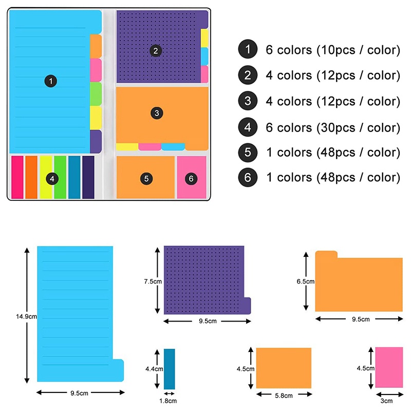 Bộ Sổ Ghi Chú 6 Tờ 432 Cỡ Nhỏ Nhiều Kích Cỡ Có Keo Dính Nhiều Kích Thước