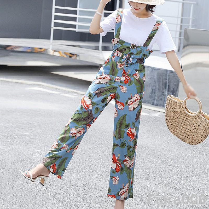 Jumpsuit Ống Rộng Lưng Cao Hoạ Tiết Hoa Cho Phái Nữ