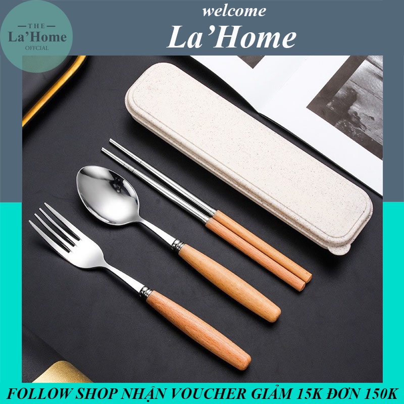 Bộ thìa dĩa đũa La'Home inox cán gỗ hộp lúa mạch, hộp thìa dĩa đũa văn phòng nhỏ gọn tiện dụng