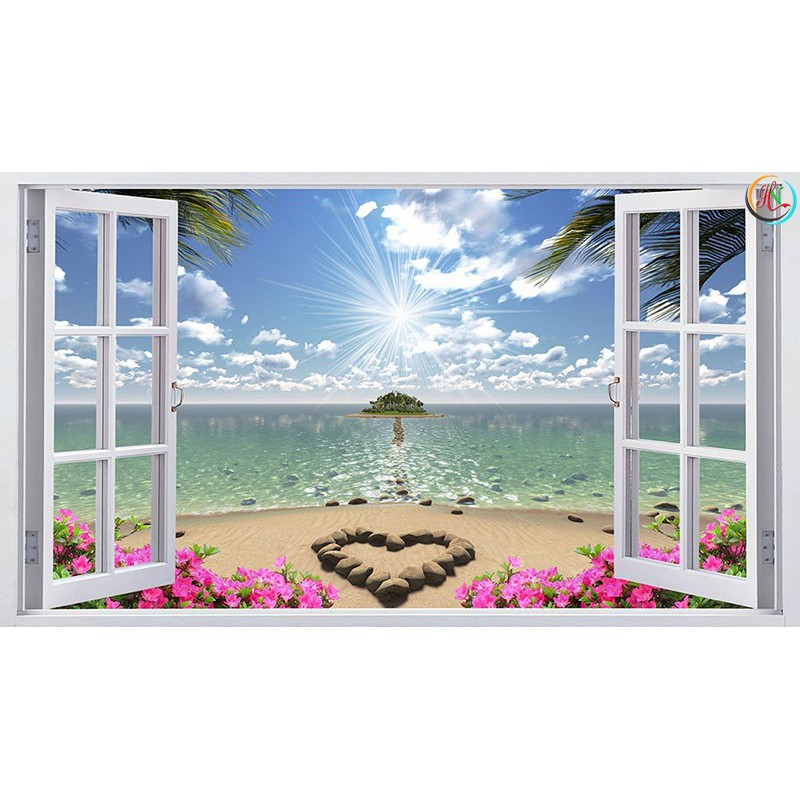 Tranh 3d cửa sổ khổ lớn-size 120x200-vải lụa kim sa đẹp