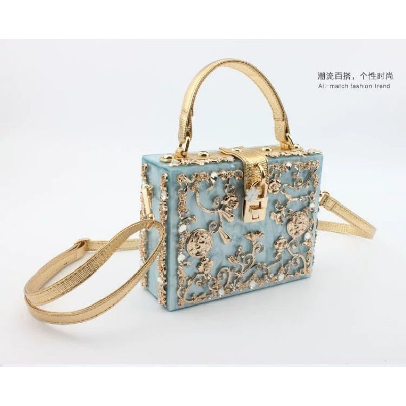 Túi xách chạm khắc kim cương acrylic kiểu túi khóa hộp