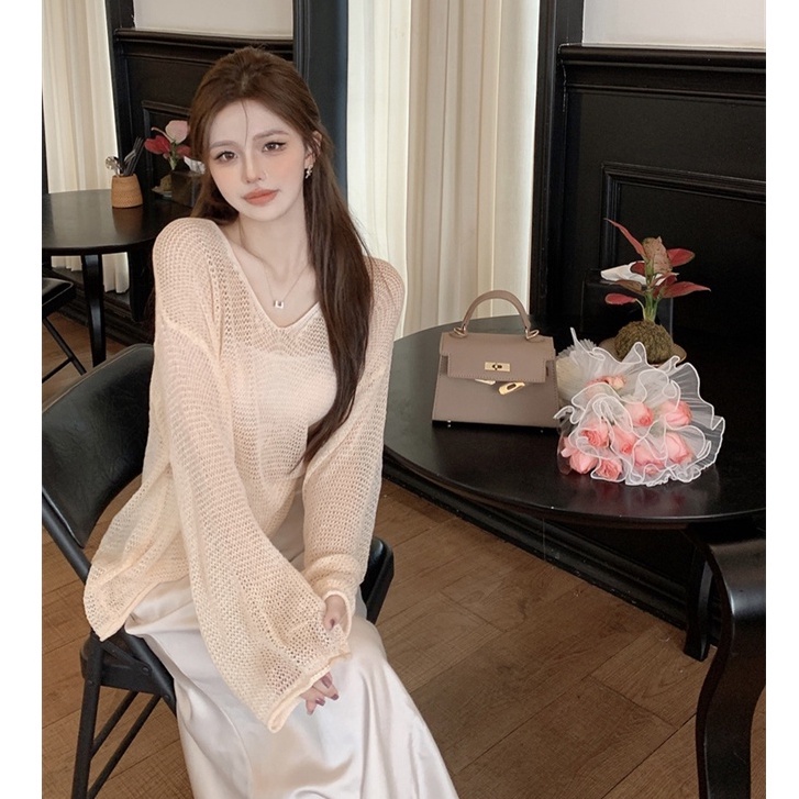 QKOOLE Áo dệt kim  tay dài cổ tròn dáng rộng thời trang Hàn Quốc cho nữ