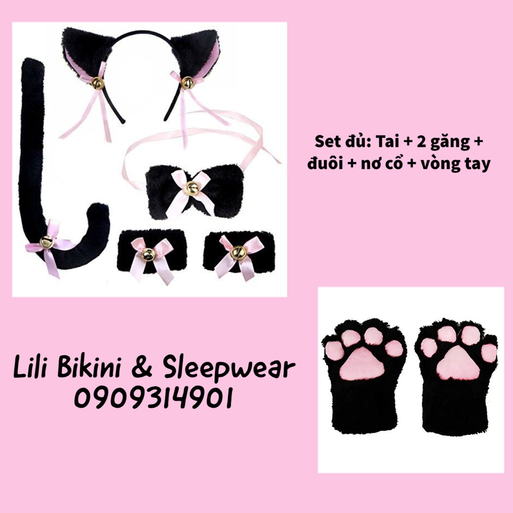 Bộ cosplay mèo Neko đen trắng bờm tóc, băng đô ren, găng tay mèo, vòng tay, nơ cổ mèo cosplay hóa trang Halloween