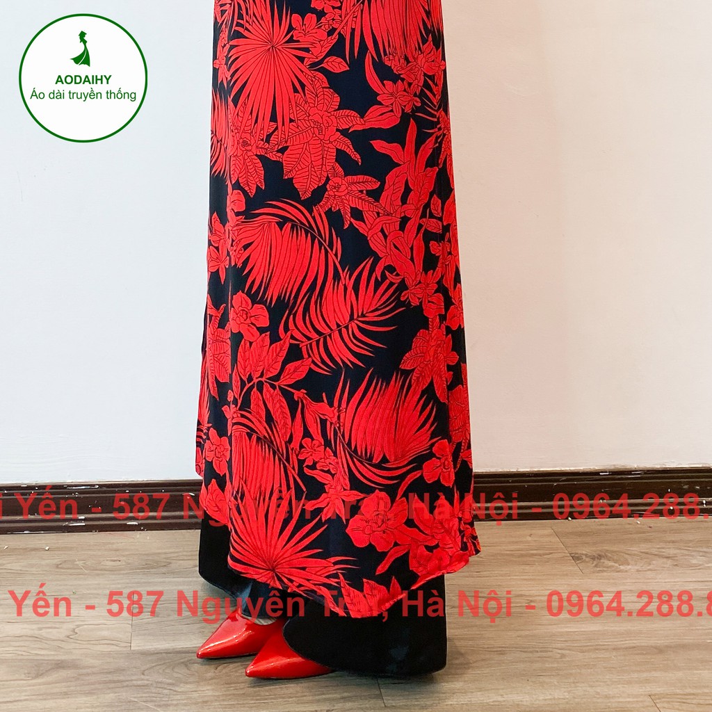 Áo dài truyền thống may sẵn in 3D hoạ tiết lá đỏ nền đen | Áo dài Yến Hải | Mã D108