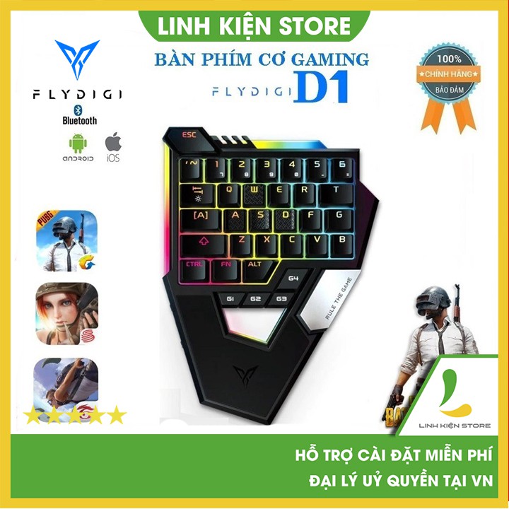 Bàn phím cơ một tay Flydigi D1 dùng cho IOS, Android, PC Full LED - Chơi game PUBG mobile, Call of Duty, Free Fire, Cros