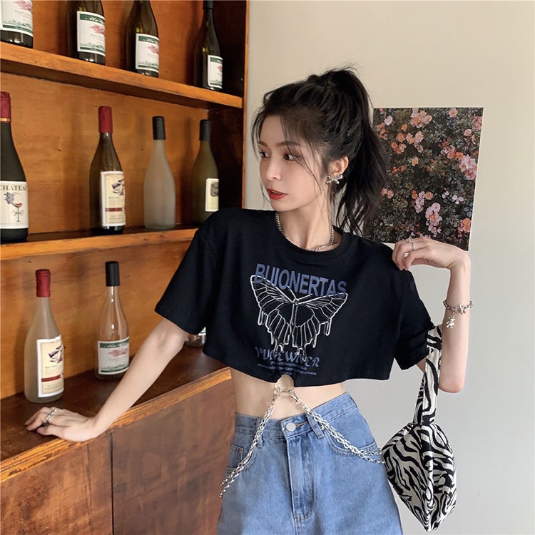 Áo croptop nữ Tay Ngắn Phối Dây Xích  áo Thun JL-TX-216