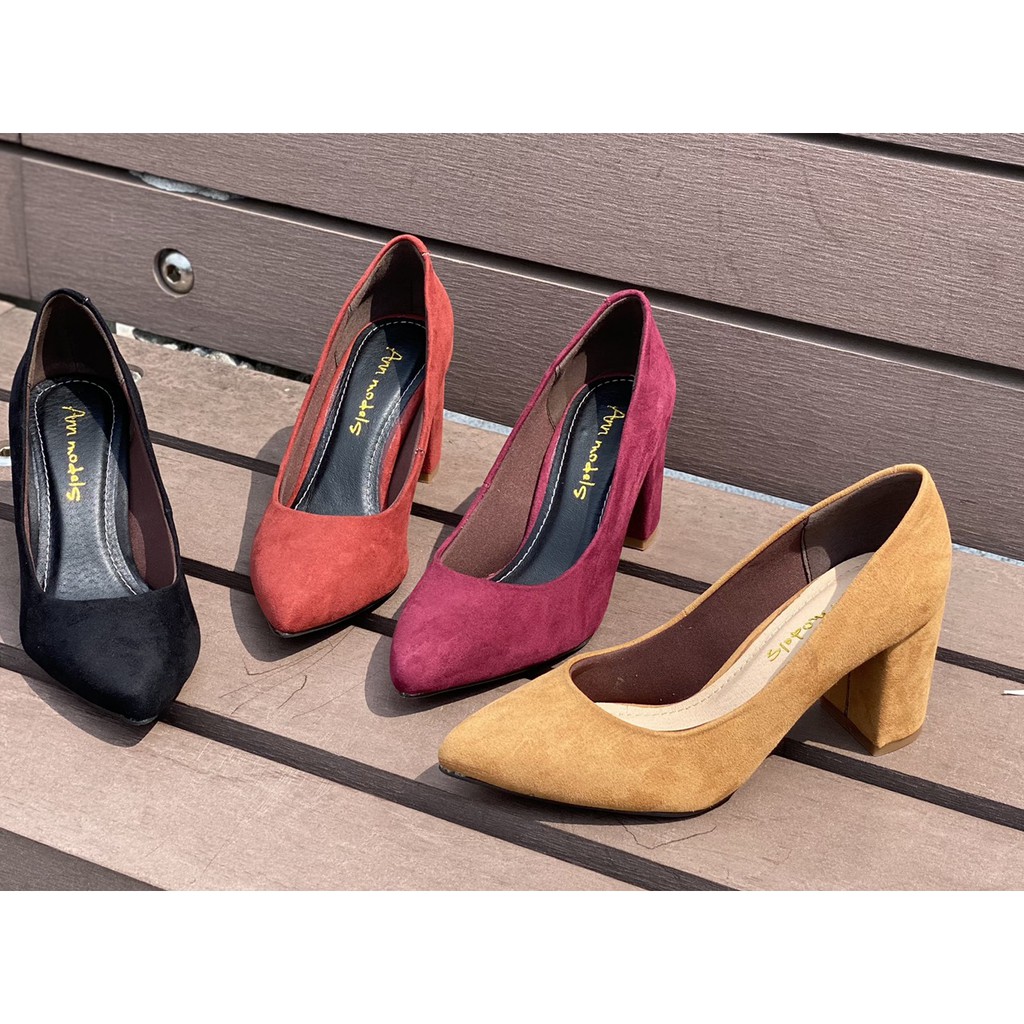 Giày cao gót nữ công sở Anna gót vuông 7 phân mũi nhọn da lộn cao cấp