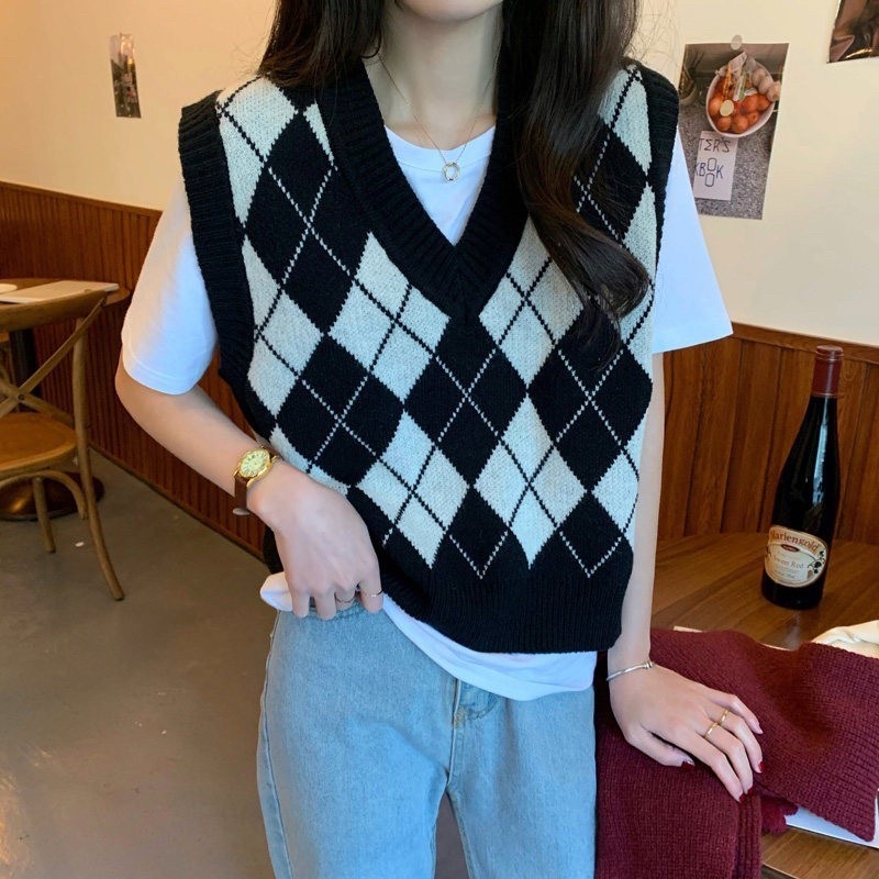 Áo gile kẻ caro vintage Shally-  áo không tay dáng xuông cá tính