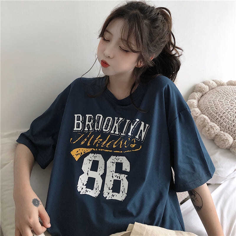 Women Summer Round Collar Big Code Korean Version Printed Loose Short Sleeve T-shirt Simple
