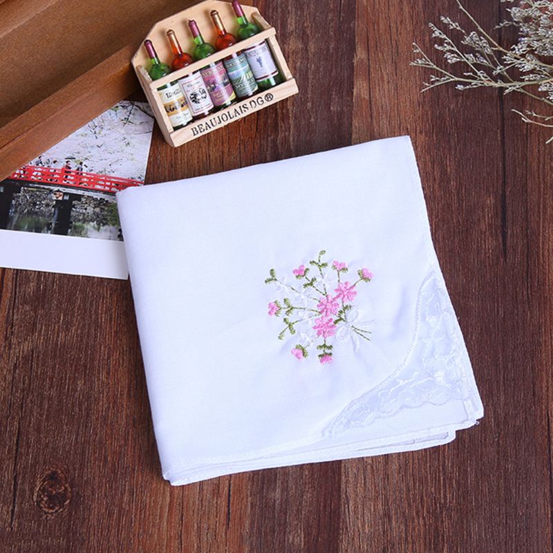 Bộ 5 Khăn Tay Cotton 11x11 Inch Thêu Họa Tiết Hoa Và Bướm Cho Nữ