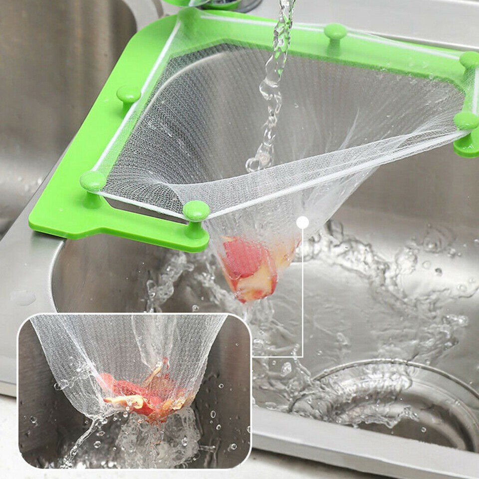 Giá đỡ hình tam giác + 50 túi lưới lọc rác bồn rửa chén trong nhà bếp tiện dụng