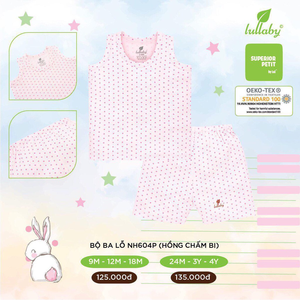 [Chính hãng]Bộ ba lỗ chất petit mềm mát in họa tiết trẻ em Lullaby chính hãng