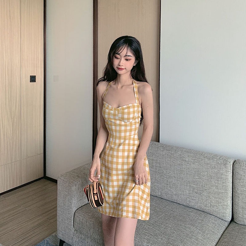 Đầm IELGY dáng chữ A không tay họa tiết sọc caro phong cách retro thời trang cho nữ