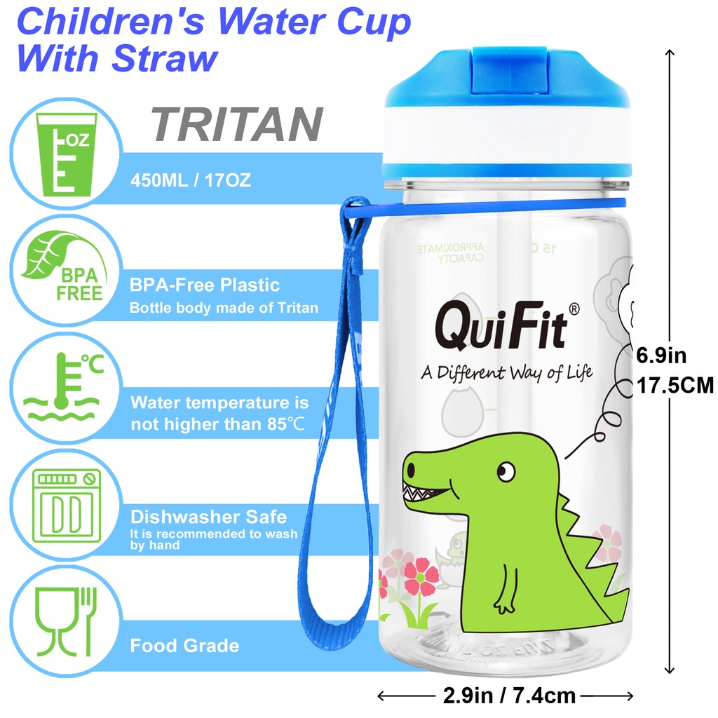 Chai đựng nước Quifit bằng Tritan không chứa BPA có ống hút và vạch đo dung tích 450ml