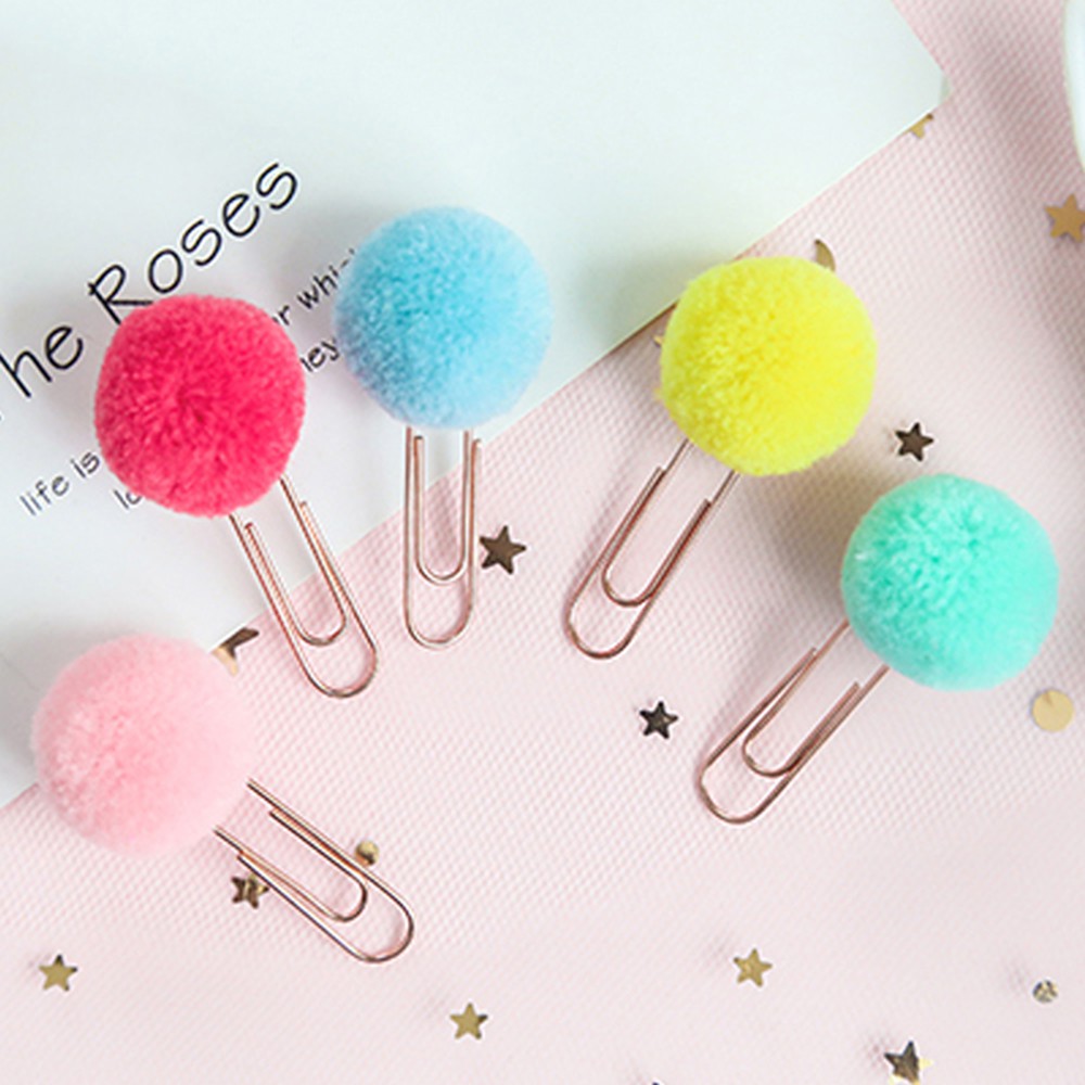 JUNE 10pcs/set Color Random New Bookmark Plush Ball Sealing Clamp Paper Clips Pin Rose|Stationery Metal Hairball