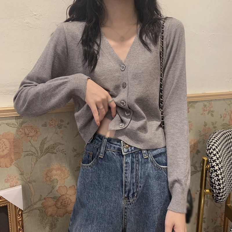 Áo Sweater Dệt Kim Tay Dài Thiết Kế Cổ Chữ V Màu Trơn Thanh Lịch