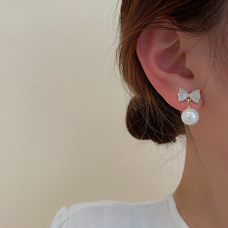 Bông Tai Hình Nơ Đính Ngọc Trai Dễ Thương Phong Cách Hàn Quốc