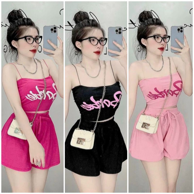 Set bộ mặc nhà 2 dây in chữ Barbie siêu cưng