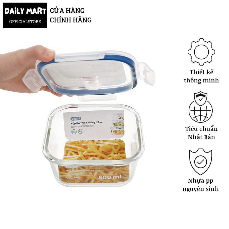 [3 Size] Hộp Thủy Tinh Đựng Thực Phẩm, Hộp Bảo Quản Thức Ăn Dạng Vuông NIKKO Inochi | BigBuy360 - bigbuy360.vn