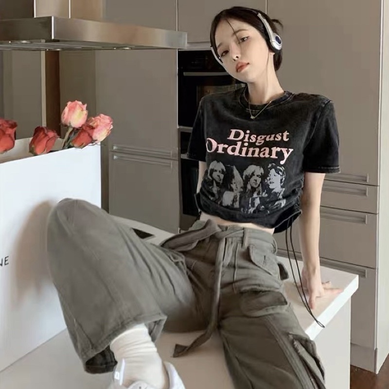 Áo Thun Tay Ngắn Phối Dây Rút In Họa Tiết DISGUST ORDINARY Phong Cách Đường Phố Cổ Điển Thời Trang Cho Nữ_Luviecloset
