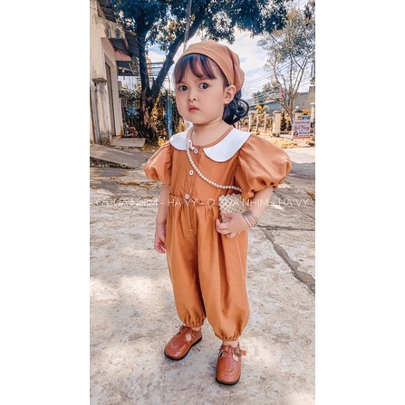 Jumsuit cổ sen phối nút vintage cho bé yêu ❤️ [ Kèm khăn đội đầu ]