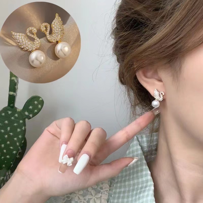 Bông Tai Mạ Bạc 925 Hình Thiên Nga Đính Ngọc Trai Phong Cách Mới 2022