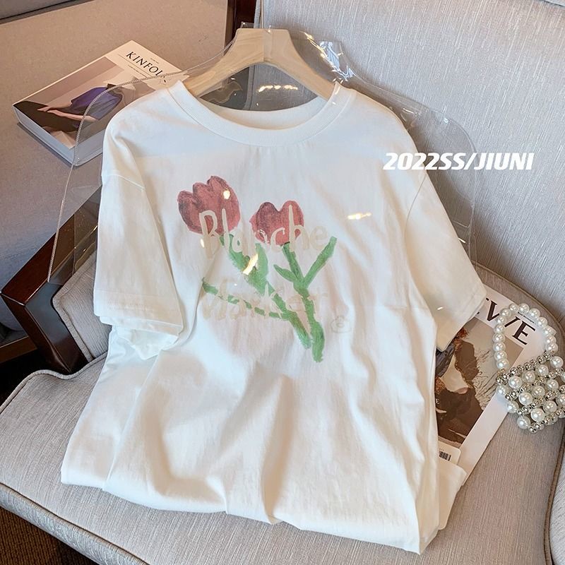 Áo Thun Ngắn Tay Cổ Tròn Form Rộng In Họa Tiết Hoa Phong Cách Retro Mùa Hè Mới Cho Nữ