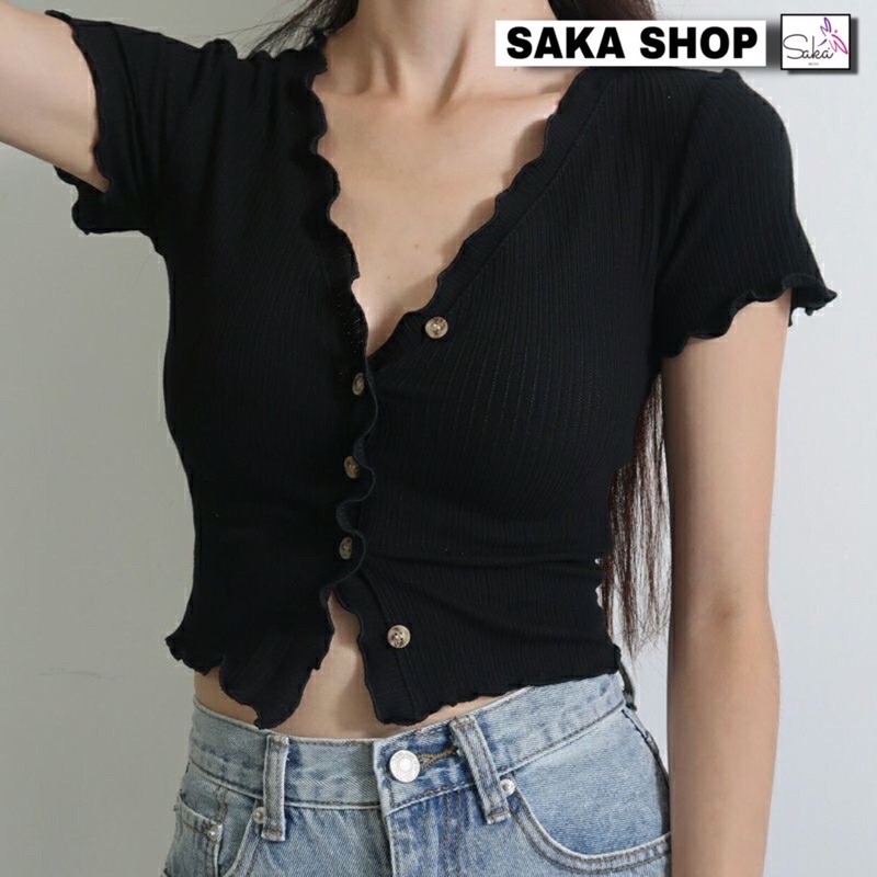 Áo thun nữ tay ngắn croptop trơn màu cuốn biên