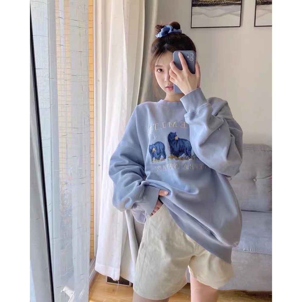 Áo sweater blue bear dáng rộng