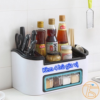 Kệ Gia Vị Để Bàn Có Khe Để Dao Và Muỗng Đũa Kèm 4 Hủ Tiện Dụng