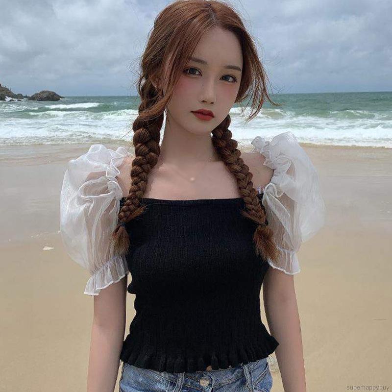 Áo Croptop Dệt Kim Tay Ngắn Cổ Vuông Phong Cách Hàn Quốc