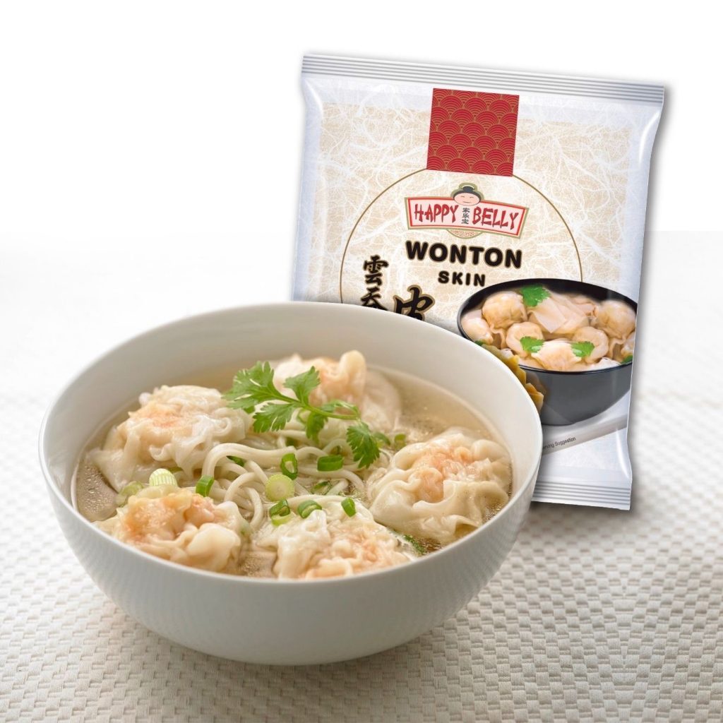 Vỏ hoành thánh/ Wonton Skin Singapore Happy Belly 300gr size 11*11cm hoành thánh đông lạnh