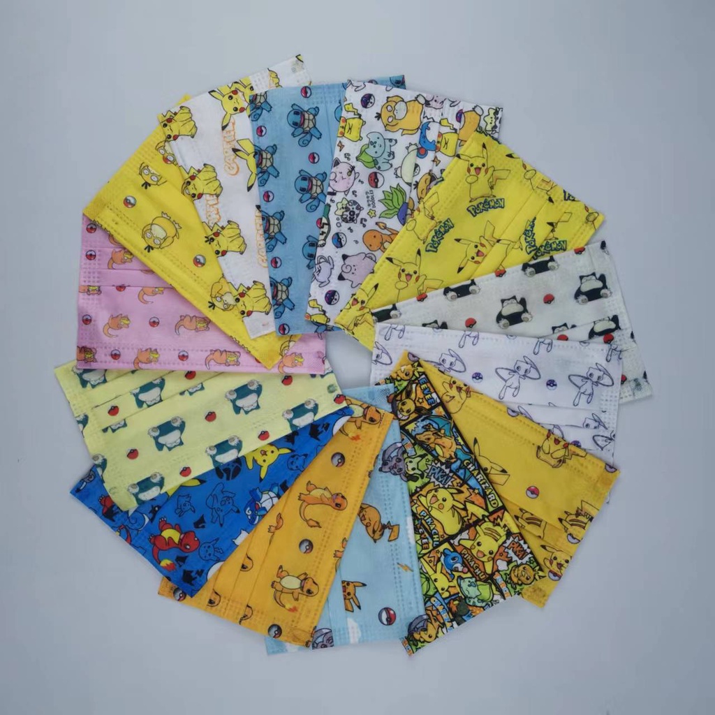 Set 10 Khẩu Trang 3 Lớp In Hoạt Hình Pokemon / Pikachu / Mario / Mew TOKI / Psyduck / Captain America / Roblox Dễ Thương Bảo Vệ Cho Bé