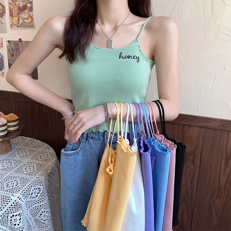 Brroa Áo Tank Top Hai Dây Dệt Kim Thêu Chữ Thời Trang Cho Nữ