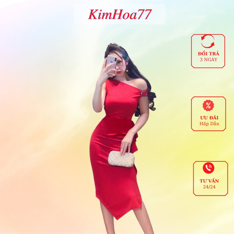 Váy body đầm nữ dự tiệc freesize chất umi lệch vai 1 bên kèm phụ kiện kimhoa77