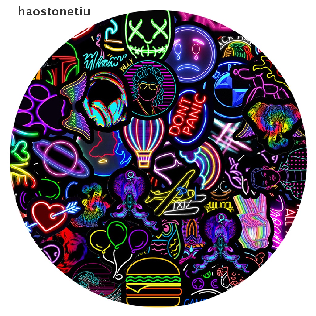 Bộ 50 miếng dán trang trí hành lý/xe hơi/xe máy họa tiết hoạt hình graffiti màu neon DIY