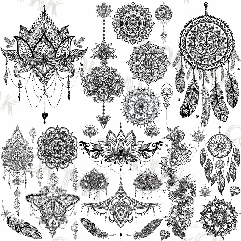 [Hàng mới về] Tờ hình xăm dán Henna Mehndi hình hoa sen 3d chống nước cho nam nữ 