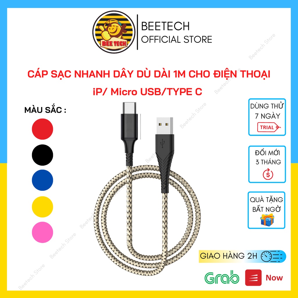 Cáp sạc bọc dù,dây sạc dài 1m cho IP/MicroUSB/TypeC-Beetech