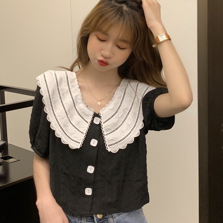 【ZHELIHANGFEI】Áo Sơ Mi Tay Phồng Ngắn Cổ Búp Bê Phối Ren Lưng Cao Dễ Thương